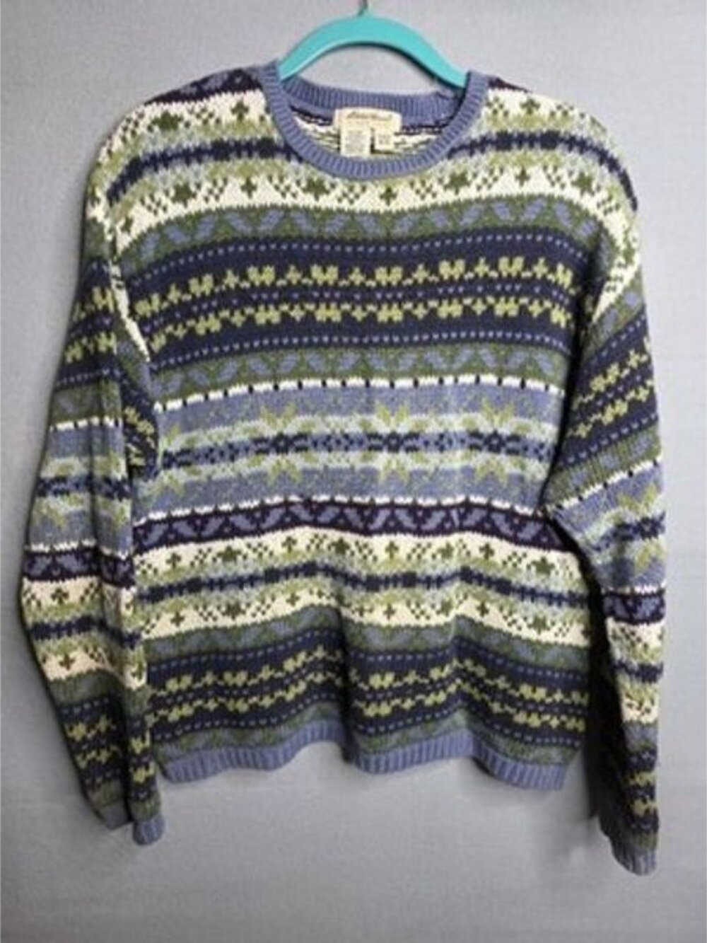 VTG Eddie Bauer Women Pullover Sweater All Cotton Geometric Fair Isle Blue M